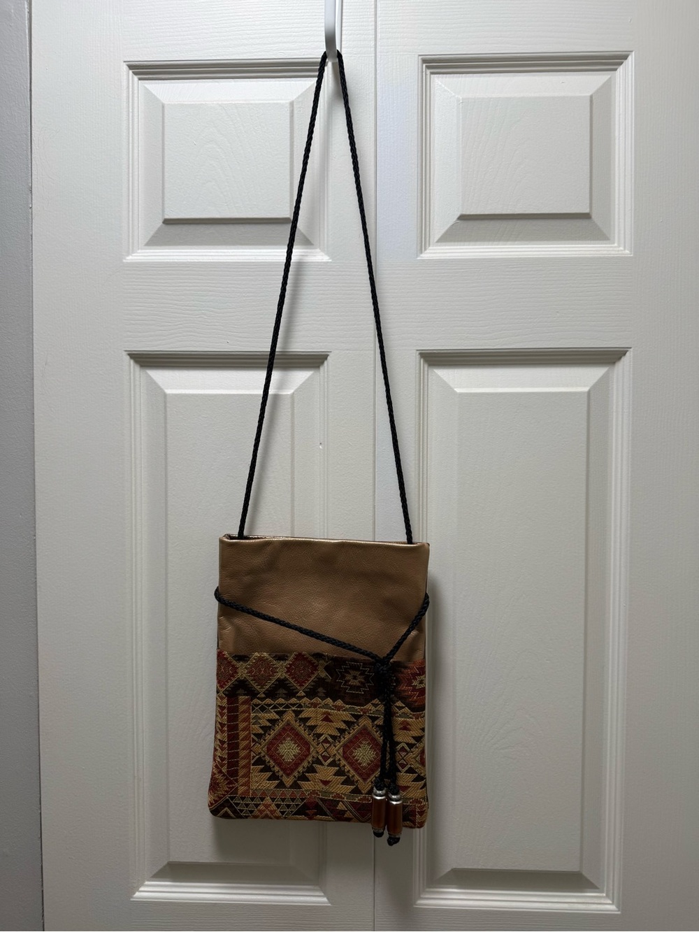 Bohemian Tan and Multi-Pattern Crossbody Bag with Braided Strap